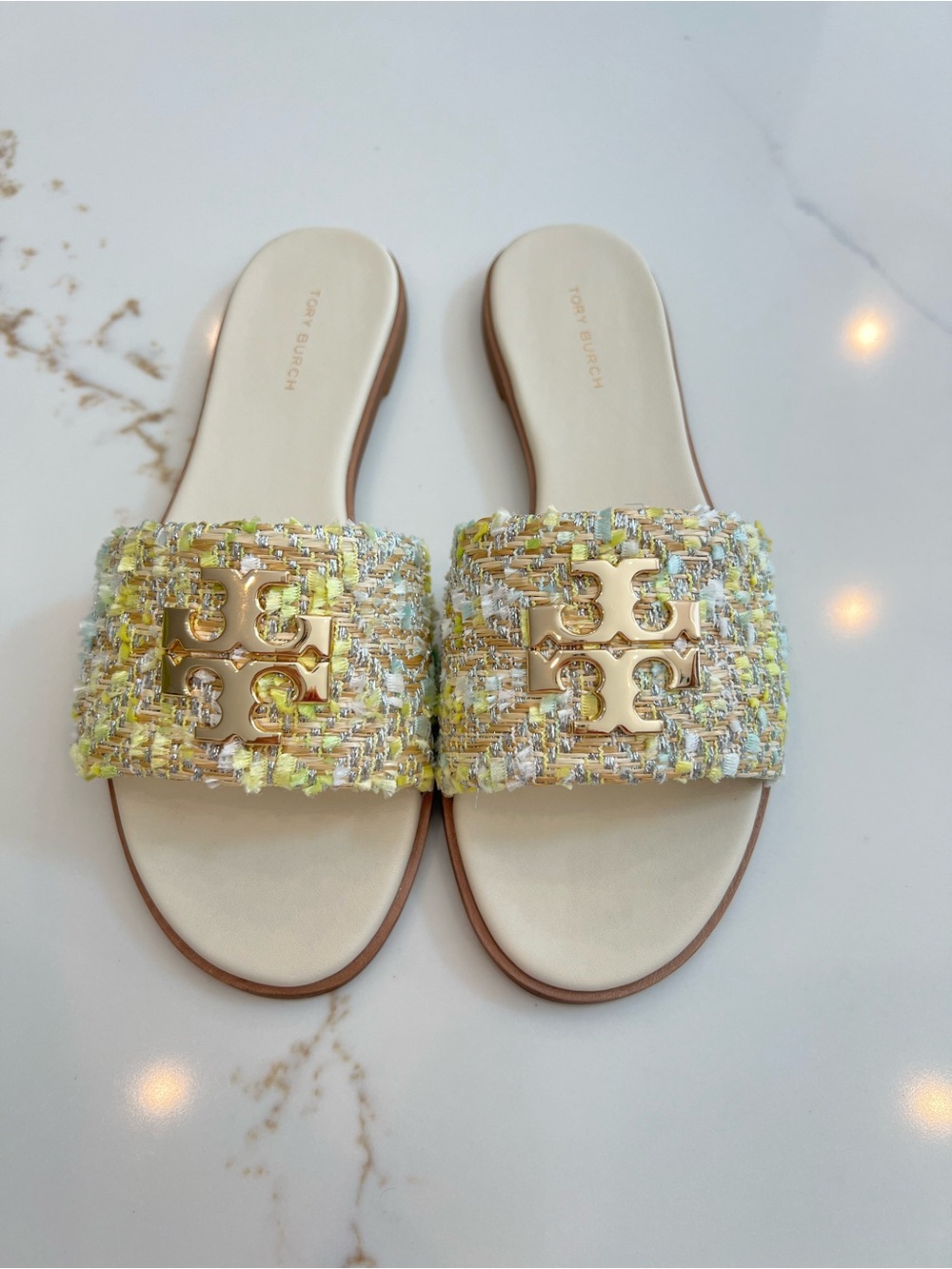 Tory Burch Yellow & Cream Tweed Miller Slide Sandals with Gold Logo